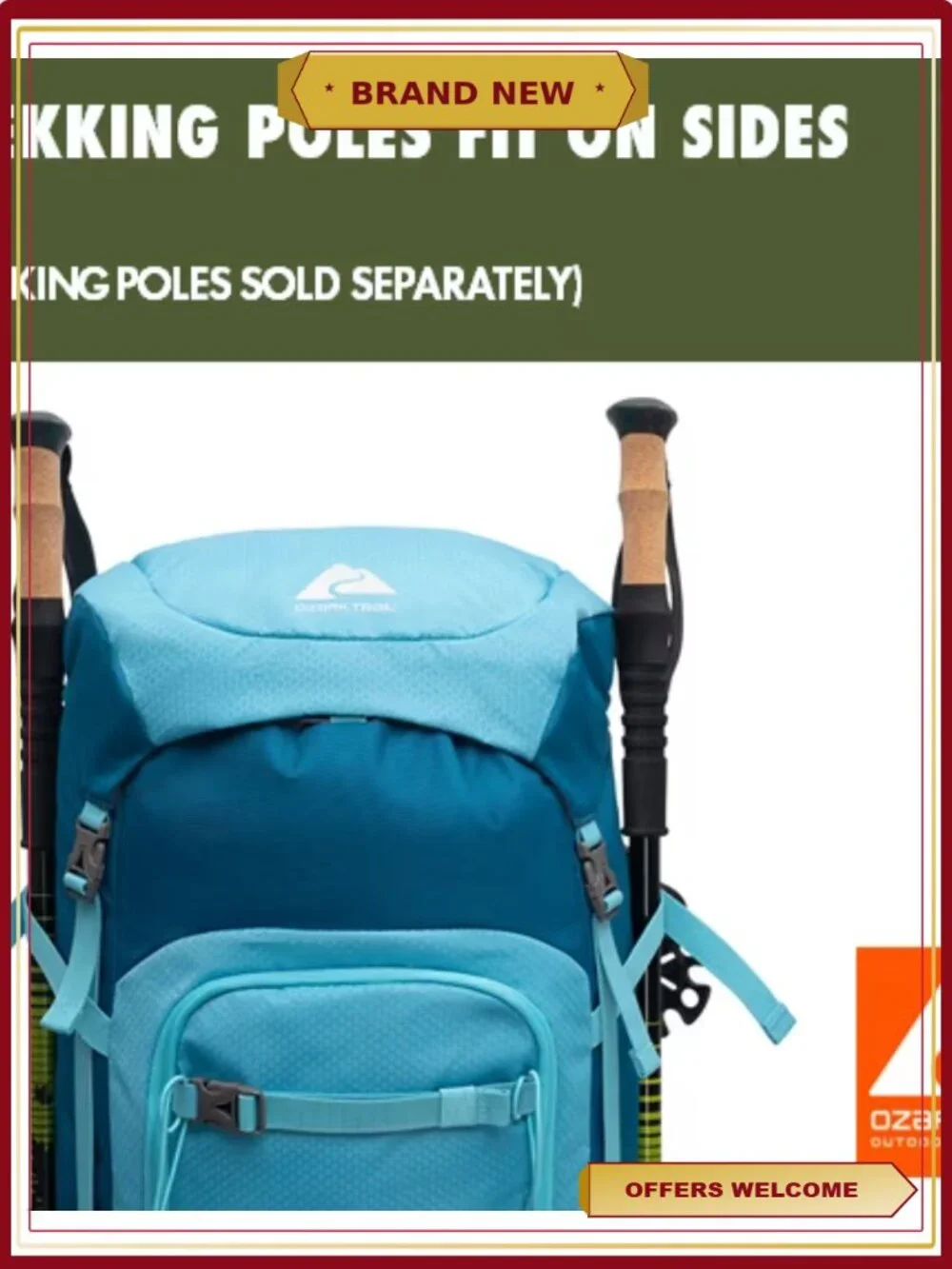 50L Hiking Backpack with Pockets, Water-Resistant, Stowable Rain Cover
